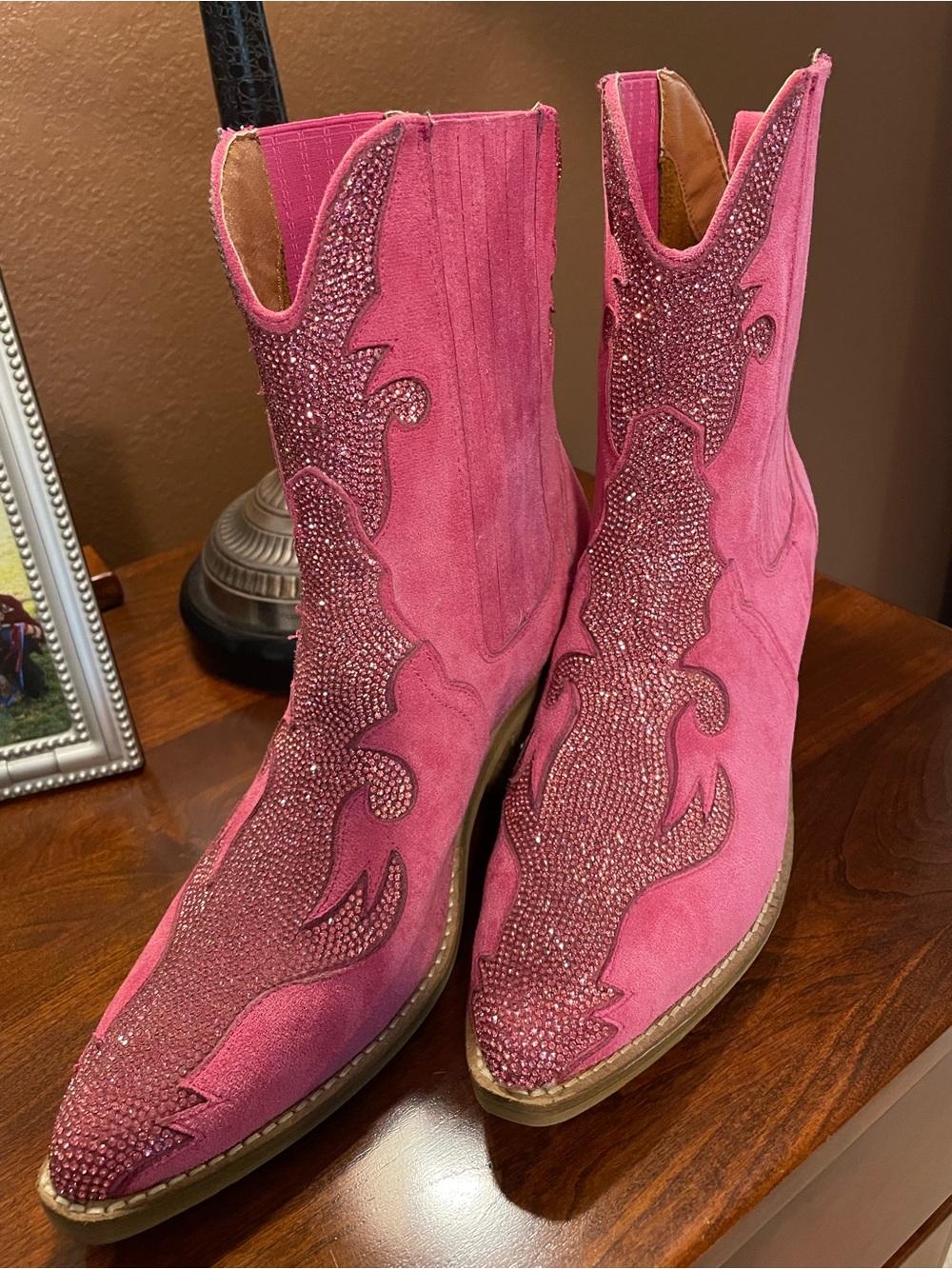 BEAST FASHION Pink Faux Suede Crystal Western Ankle Booties